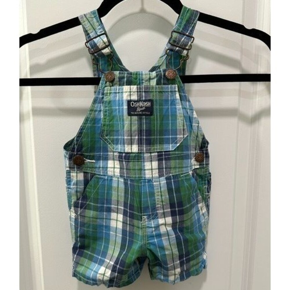 OshKosh B'gosh Baby Boy Shortalls 9 Months Blue Green Plaid One Piece 1990-2000